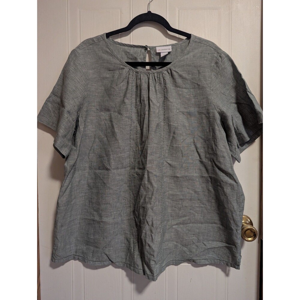 Liz Claiborne Women's XL Gray Linen Cotton Woven Solid Short Sleeve Blouse Key
